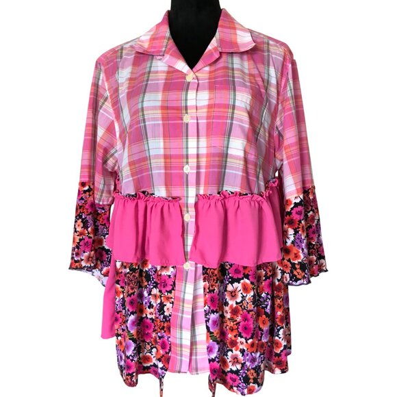 Handmade Upcycled Boho Tunic, Size Large: Pink Ruffled Patchwork Top - Picture 1 of 13